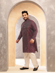Men's Silk Blend Contrast  Thread Embroidered Wine Kurta with  Pyjama
