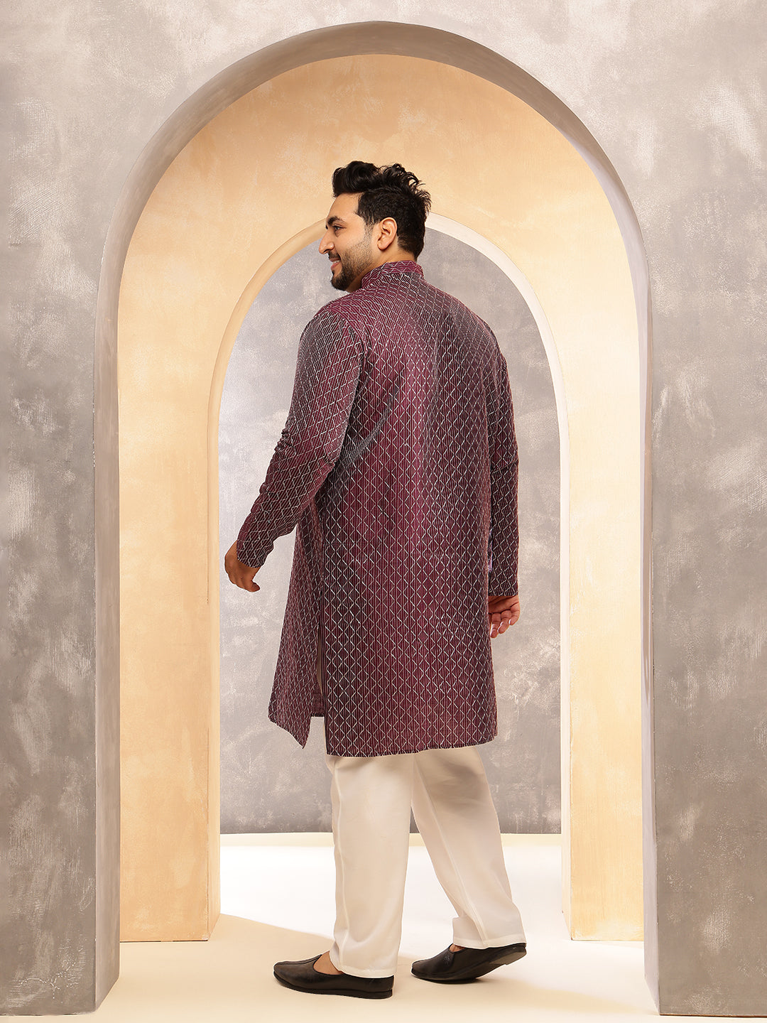 Men's Silk Blend Contrast  Thread Embroidered Wine Kurta with  Pyjama