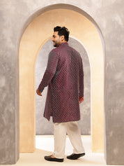Men's Silk Blend Contrast  Thread Embroidered Wine Kurta with  Pyjama