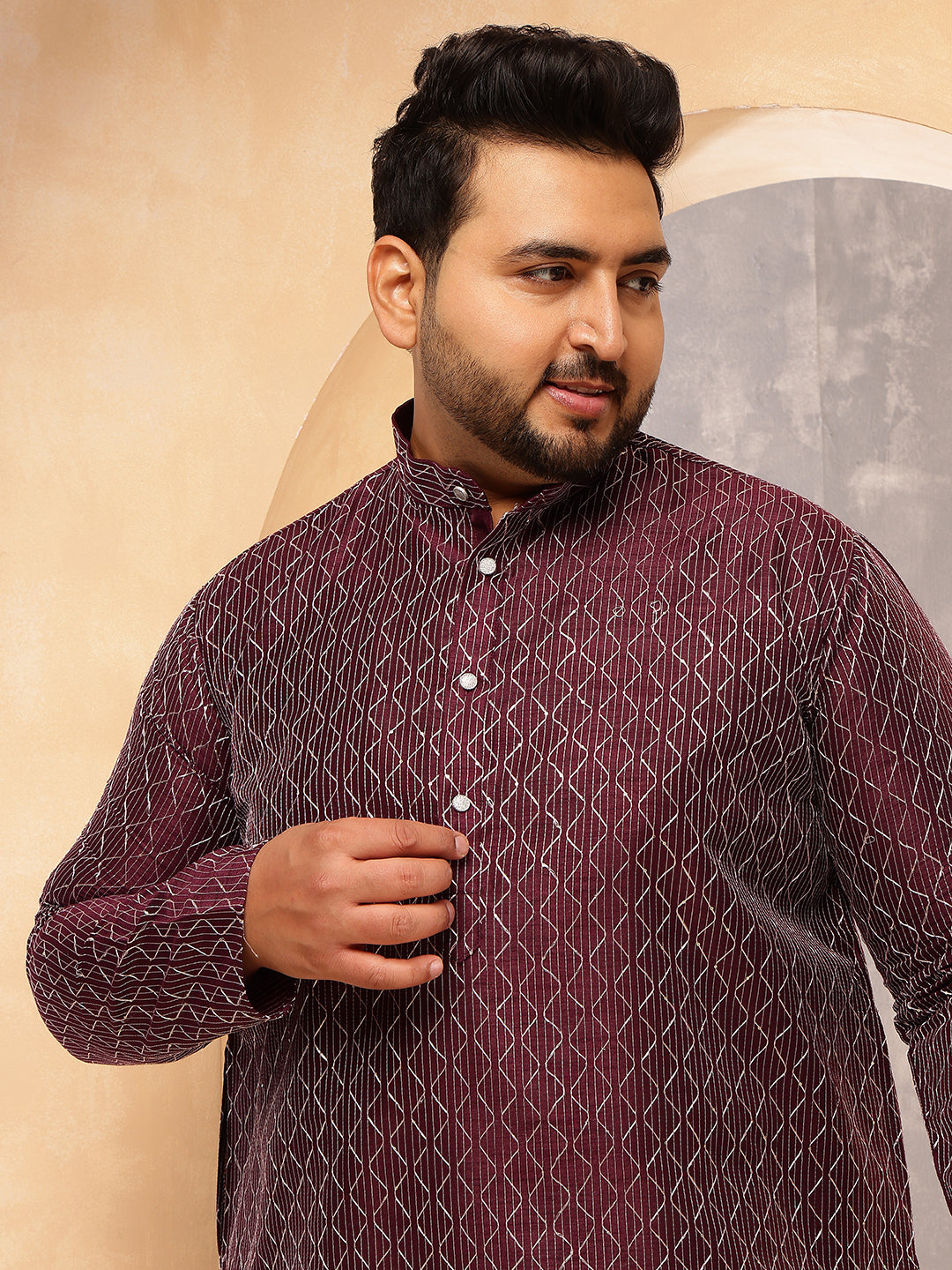 Men's Silk Blend Contrast  Thread Embroidered Wine Kurta with  Pyjama