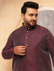 Men's Silk Blend Contrast  Thread Embroidered Wine Kurta with  Pyjama