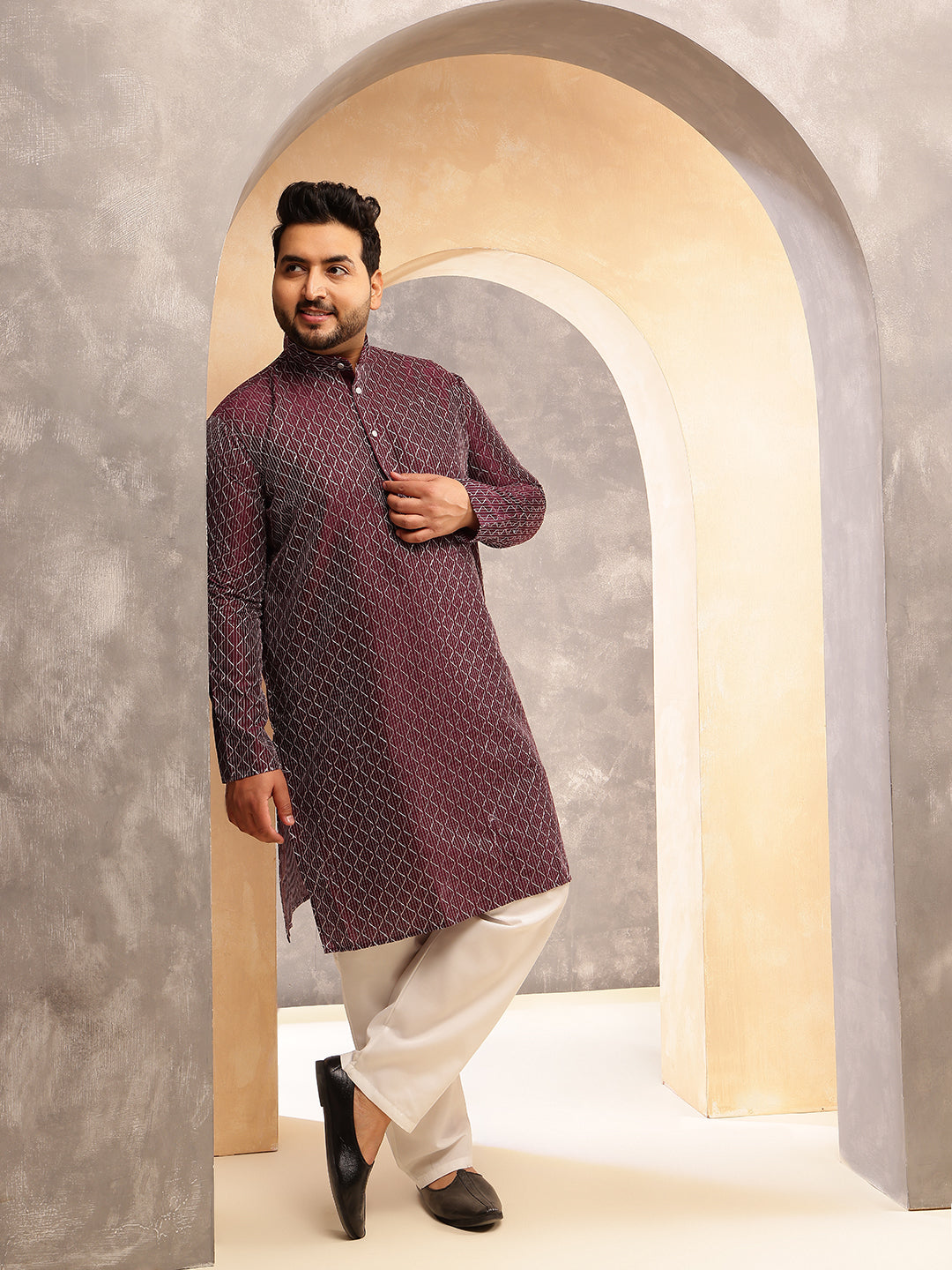 Men's Silk Blend Contrast  Thread Embroidered Wine Kurta with  Pyjama