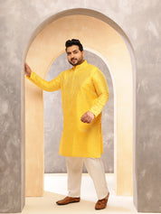 Men's Silk Blend Yellow Long Kurta with Contrast White Thread Detailing