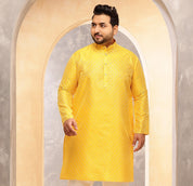 Men's Silk Blend Yellow Long Kurta with Contrast White Thread Detailing