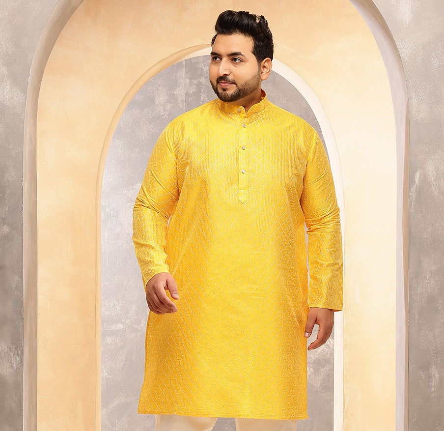 Men's Silk Blend Yellow Long Kurta with Contrast White Thread Detailing