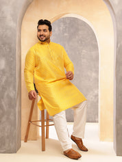 Men's Silk Blend Contrast  Thread Embroidered Yellow Kurta with  Pyjama