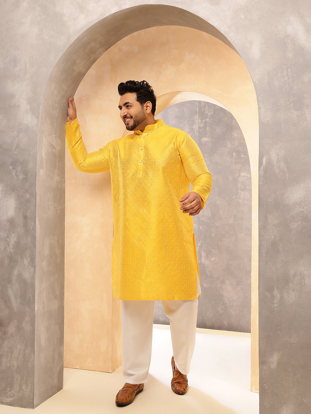 Men's Silk Blend Contrast  Thread Embroidered Yellow Kurta with  Pyjama