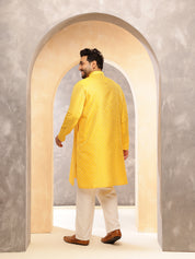 Men's Silk Blend Contrast  Thread Embroidered Yellow Kurta with  Pyjama