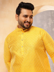 Men's Silk Blend Contrast  Thread Embroidered Yellow Kurta with  Pyjama