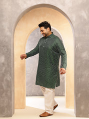 Men's Silk Blend Green Long Kurta with Contrast White Thread Detailing