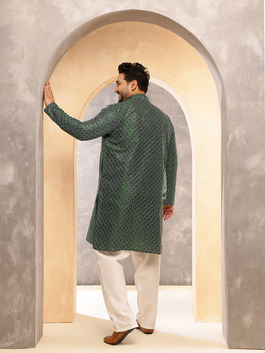 Men's Silk Blend Green Long Kurta with Contrast White Thread Detailing