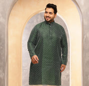 Men's Silk Blend Green Long Kurta with Contrast White Thread Detailing