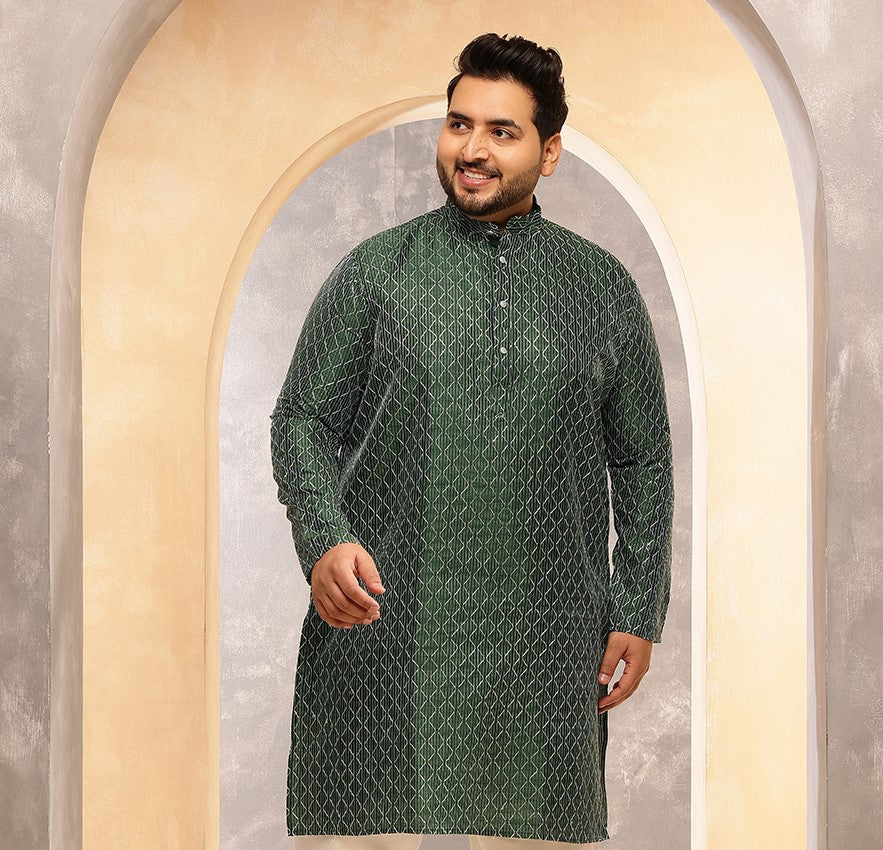Men's Silk Blend Green Long Kurta with Contrast White Thread Detailing