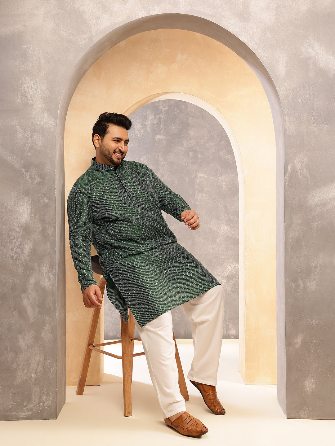 Men's Silk Blend Green Long Kurta with Contrast White Thread Detailing