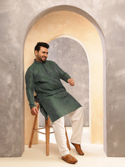 Men's Silk Blend Green Long Kurta with Contrast White Thread Detailing
