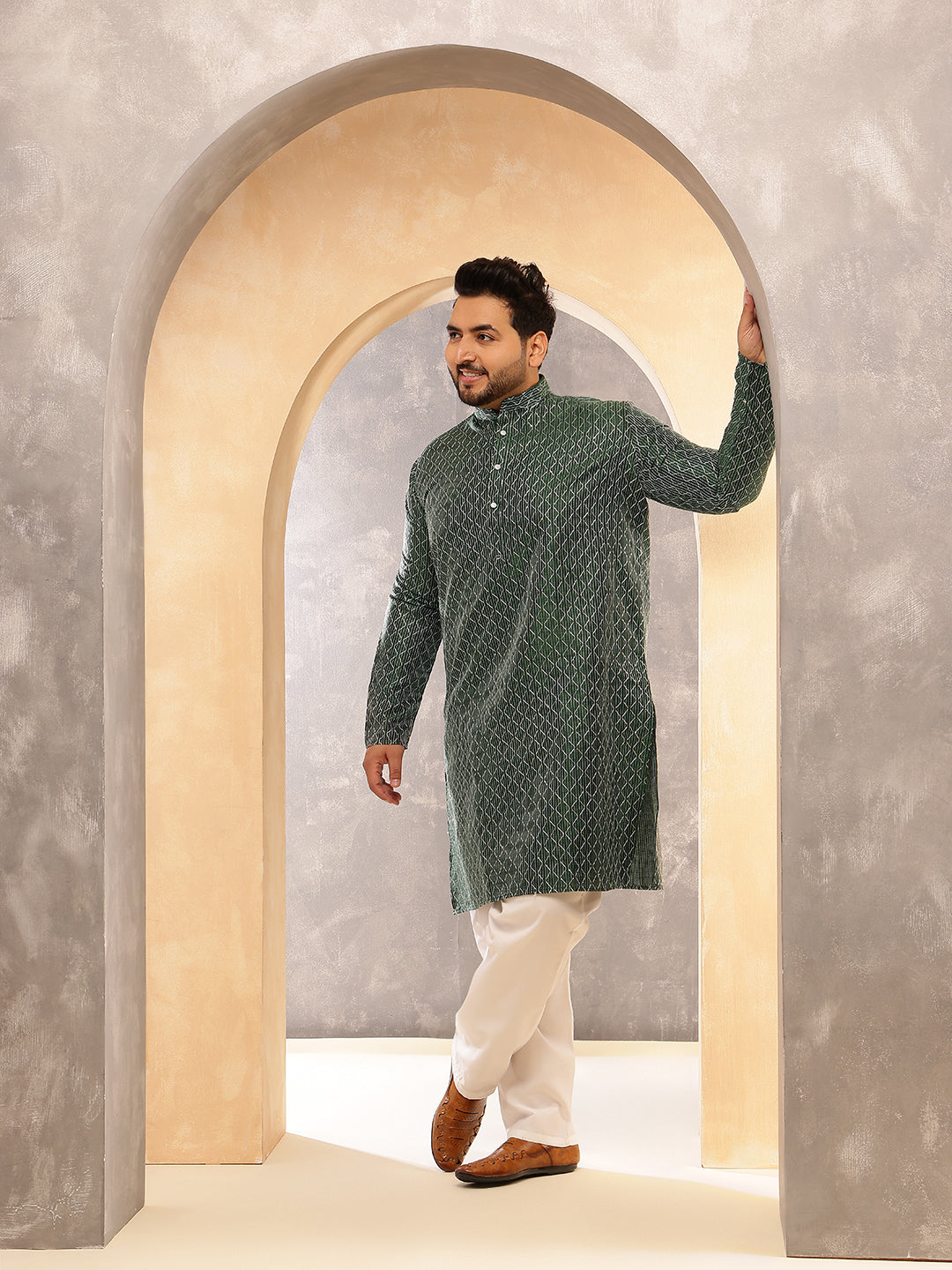 Men's Silk Blend Contrast  Thread Embroidered Green Kurta with  Pyjama