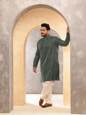 Men's Silk Blend Contrast  Thread Embroidered Green Kurta with  Pyjama