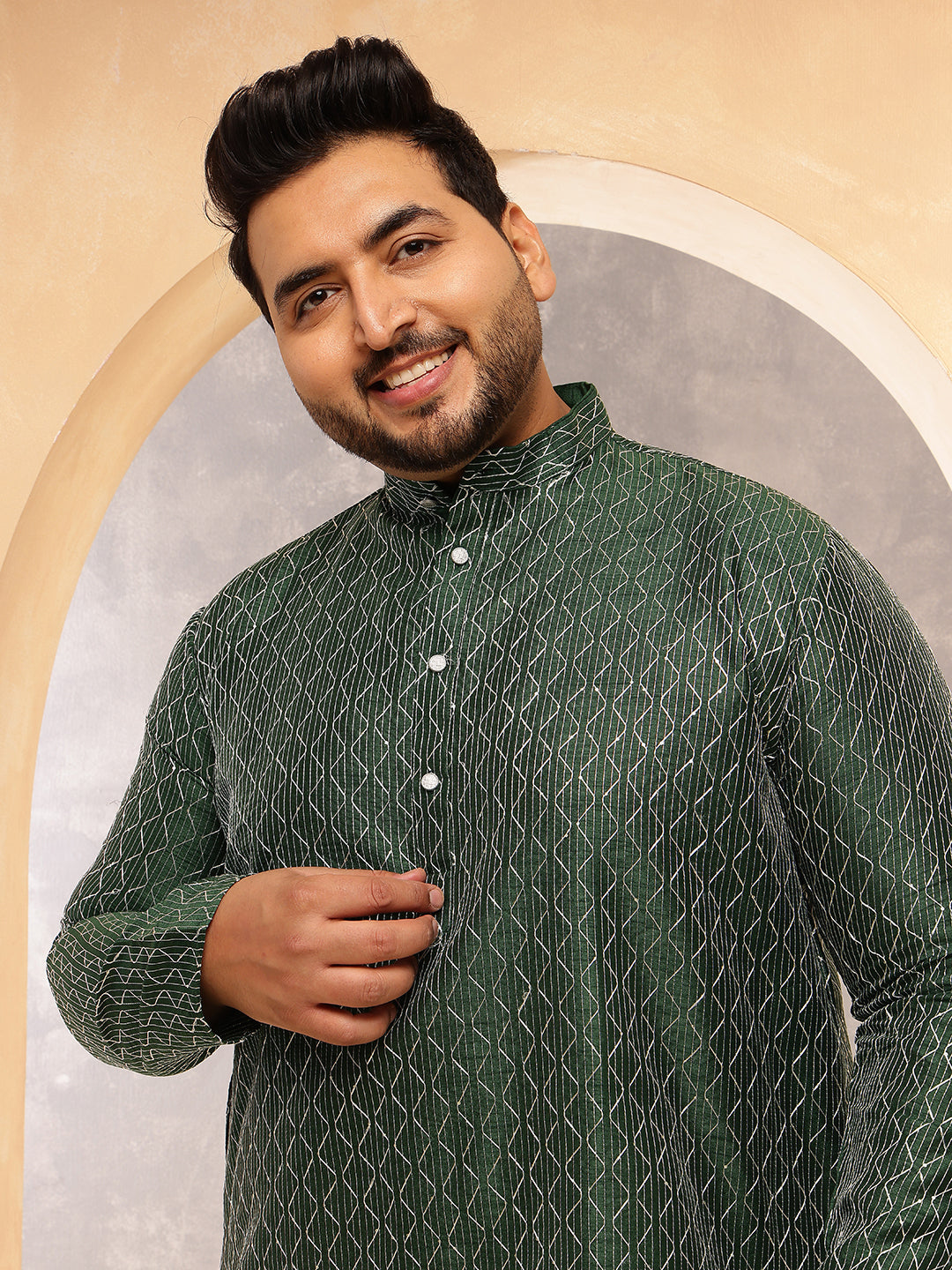 Men's Silk Blend Contrast  Thread Embroidered Green Kurta with  Pyjama