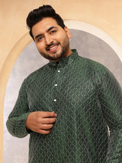 Men's Silk Blend Contrast  Thread Embroidered Green Kurta with  Pyjama