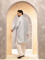 Men's Silk Blend Grey Long Kurta with Contrast White Thread Detailing