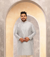 Men's Silk Blend Grey Long Kurta with Contrast White Thread Detailing