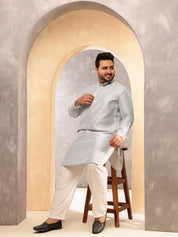 Men's Silk Blend Grey Long Kurta with Contrast White Thread Detailing