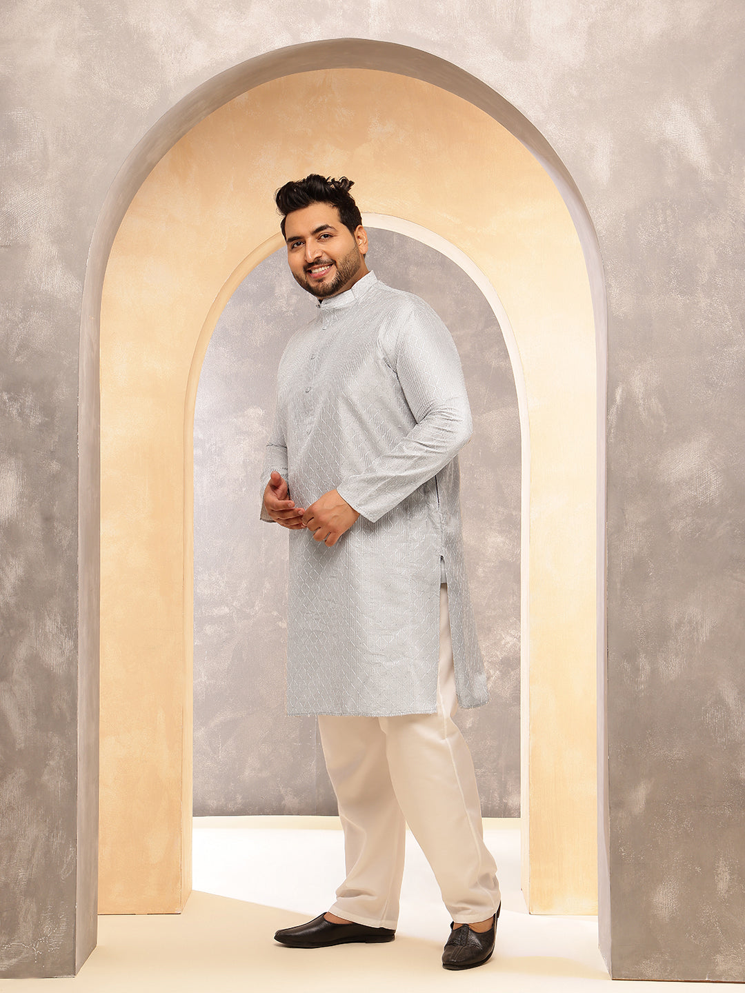 Men's Silk Blend Contrast  Thread Embroidered Grey Kurta with  Pyjama