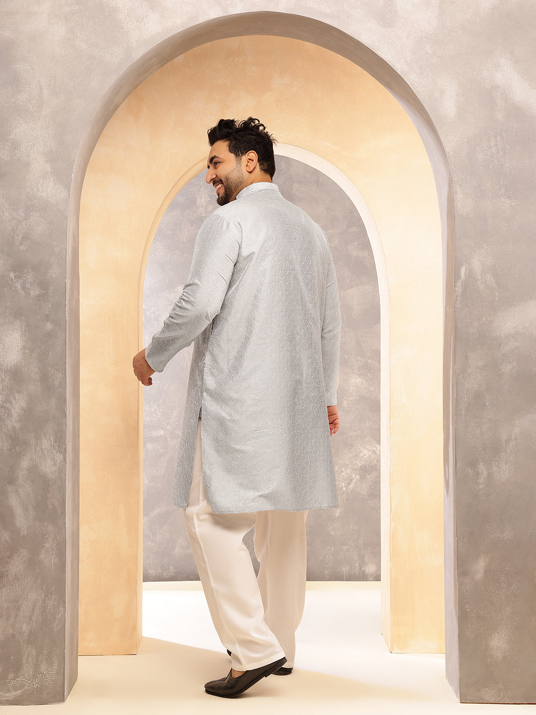 Men's Silk Blend Contrast  Thread Embroidered Grey Kurta with  Pyjama