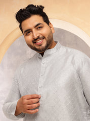 Men's Silk Blend Contrast  Thread Embroidered Grey Kurta with  Pyjama