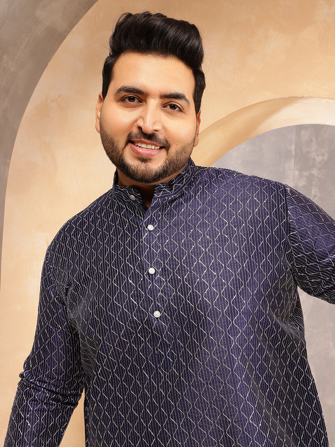 Men's Silk Blend Navy Long Kurta with Contrast White Thread Detailing