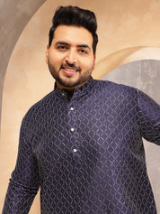 Men's Silk Blend Navy Long Kurta with Contrast White Thread Detailing