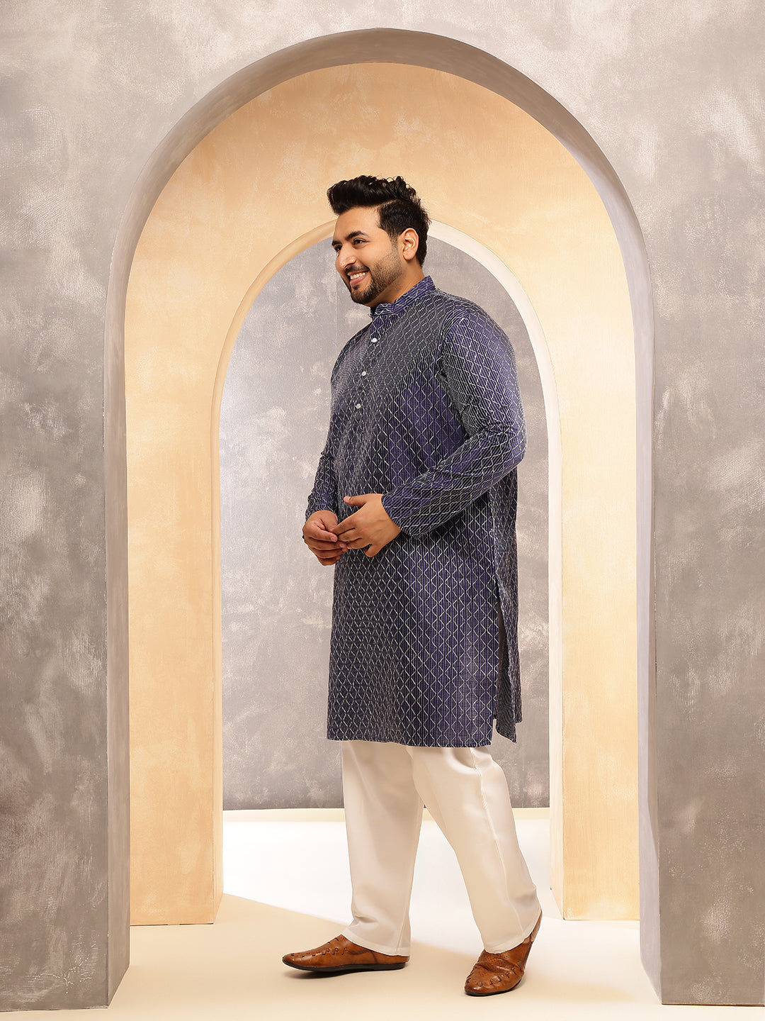 Men's Silk Blend Navy Long Kurta with Contrast White Thread Detailing