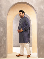Men's Silk Blend Navy Long Kurta with Contrast White Thread Detailing