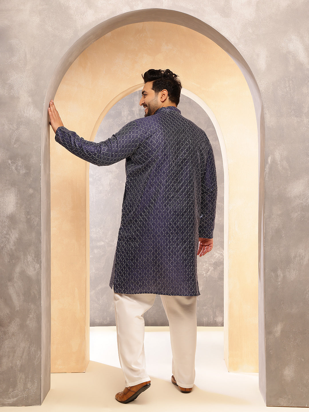 Men's Silk Blend Navy Long Kurta with Contrast White Thread Detailing