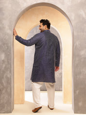 Men's Silk Blend Navy Long Kurta with Contrast White Thread Detailing