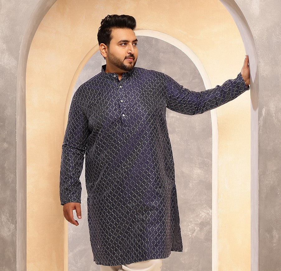 Men's Silk Blend Navy Long Kurta with Contrast White Thread Detailing