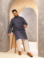 Men's Silk Blend Navy Long Kurta with Contrast White Thread Detailing