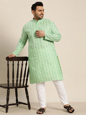 Men's Cotton Blend Pista Green Printed Kurta and White Pyjama