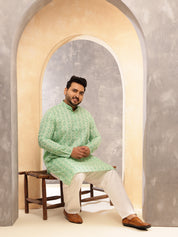 Men's Cotton Linen Ethnic Motifs Printed Pista Green Kurta With  Pyjama