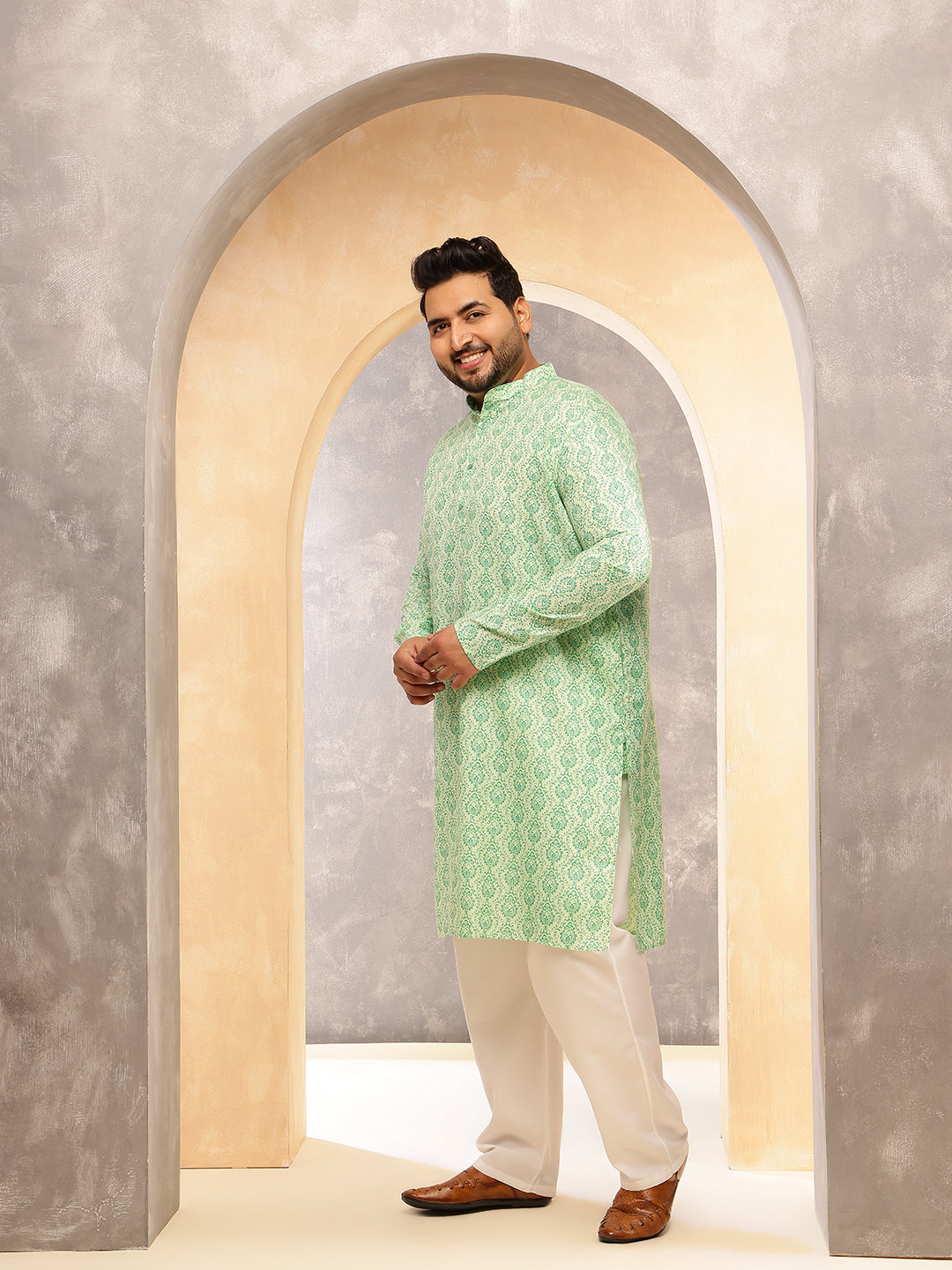 Men's Cotton Linen Ethnic Motifs Printed Pista Green Kurta With  Pyjama