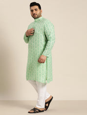 Men's Cotton Blend Pista Green Printed Kurta and White Pyjama