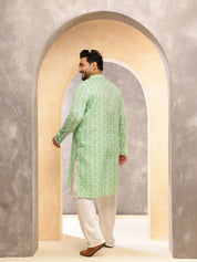 Men's Cotton Linen Ethnic Motifs Printed Pista Green Kurta With  Pyjama