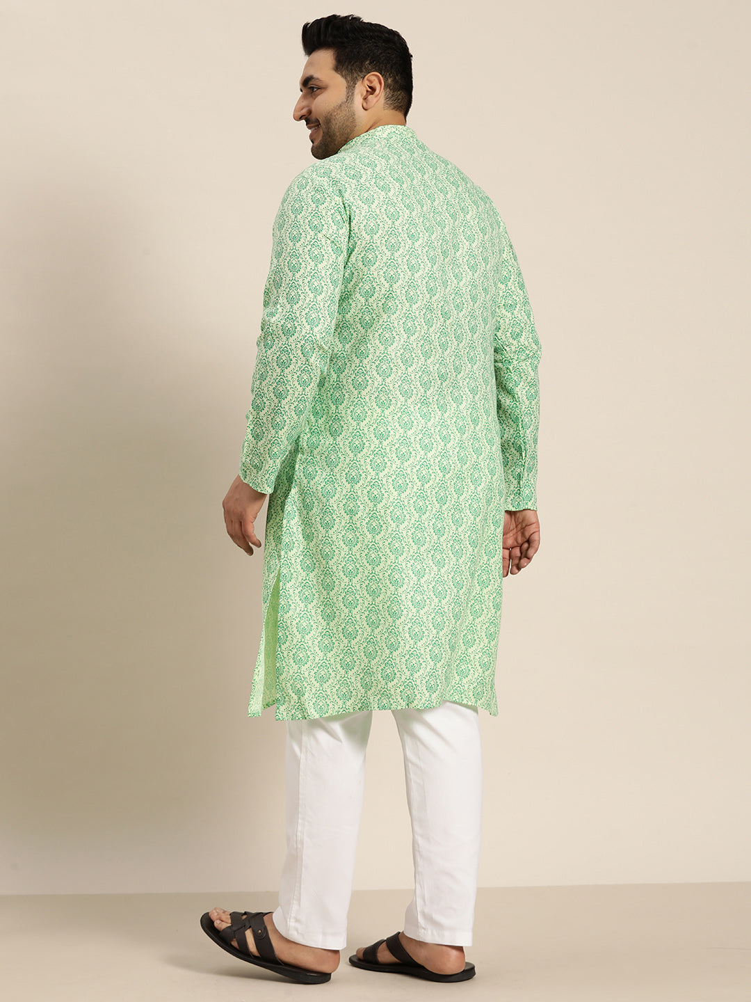 Men's Cotton Blend Pista Green Printed Kurta and White Pyjama