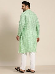 Men's Cotton Blend Pista Green Printed Kurta and White Pyjama