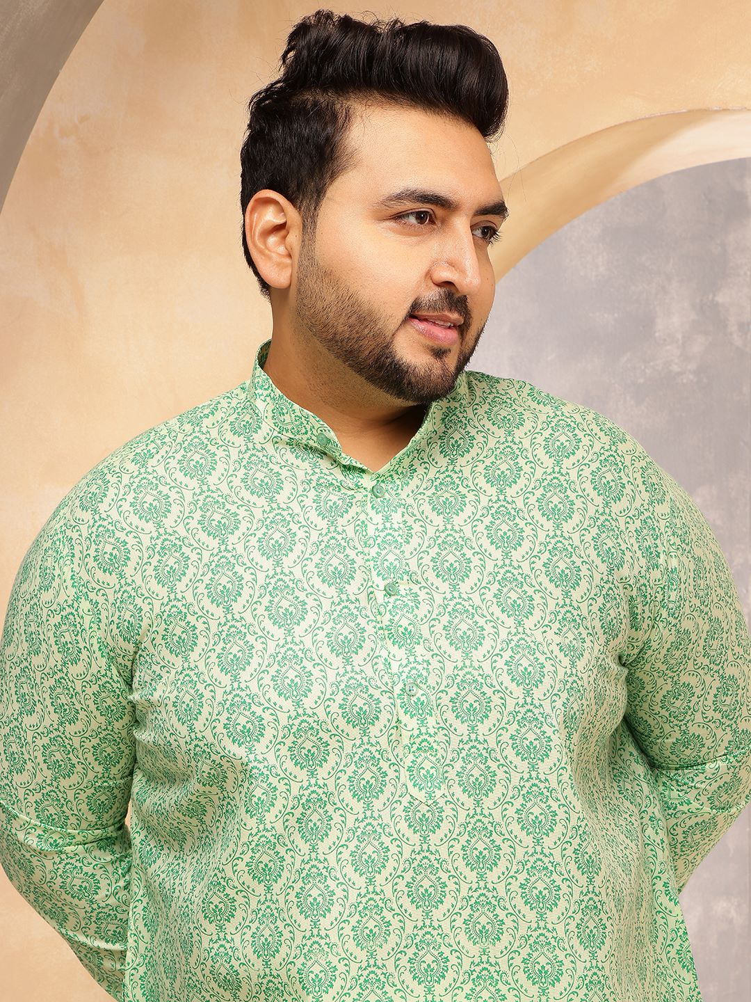 Men's Cotton Linen Ethnic Motifs Printed Pista Green Kurta With  Pyjama