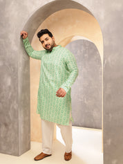 Men's Cotton Linen Ethnic Motifs Printed Pista Green Kurta With  Pyjama