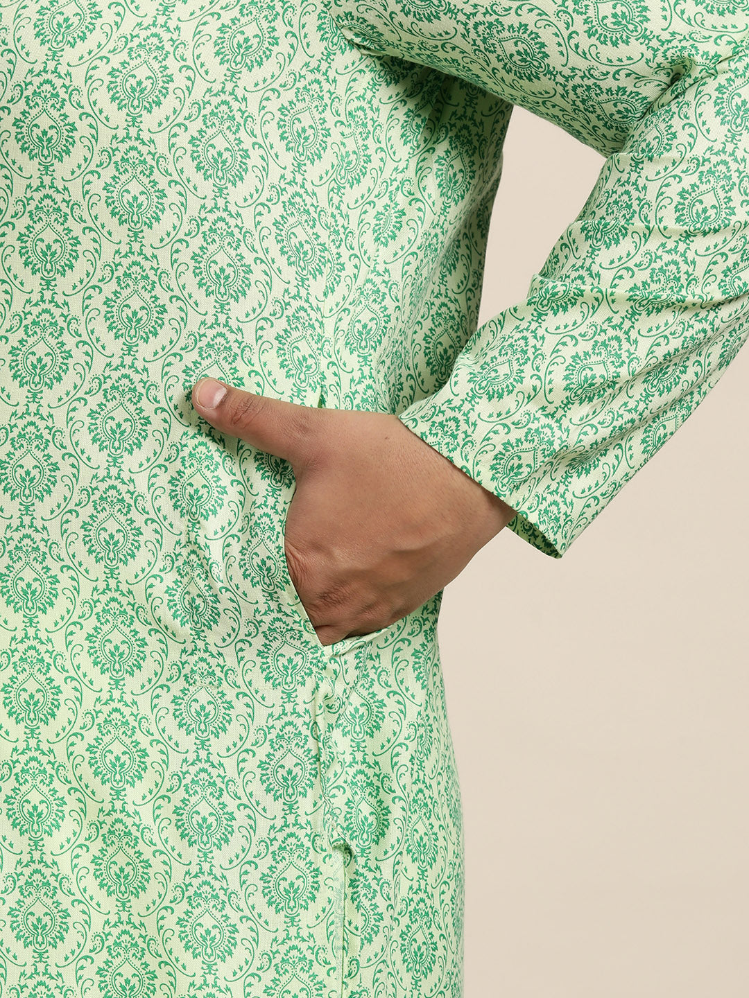 Men's Cotton Blend Pista Green Printed Kurta and White Pyjama