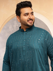 Men's Cotton Designer Teal Blue Long Kurta with Mirror Embroidery
