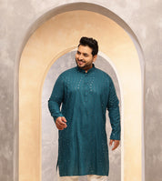 Men's Cotton Designer Teal Blue Long Kurta with Mirror Embroidery