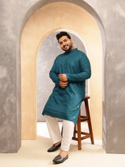 Men's Cotton Designer Teal Blue Kurta with Mirror Embroidery &  Pyjama